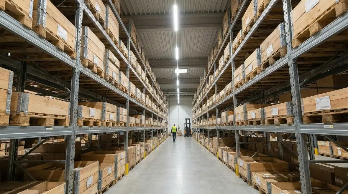 Warehouse smart lighting meeting safety standards in racked storage area