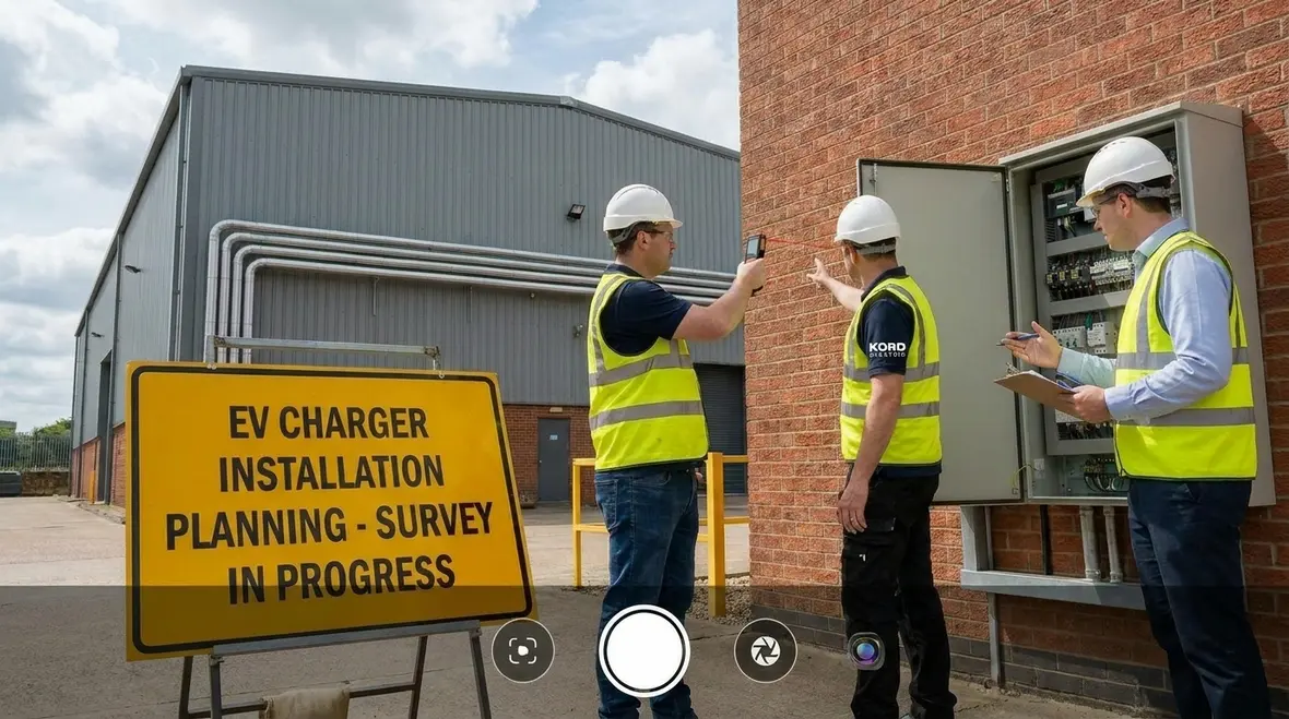 Electricians reviewing commercial charging station installation plans