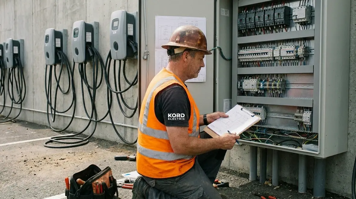 Technicians reviewing scalable EV fleet charging electrical designs