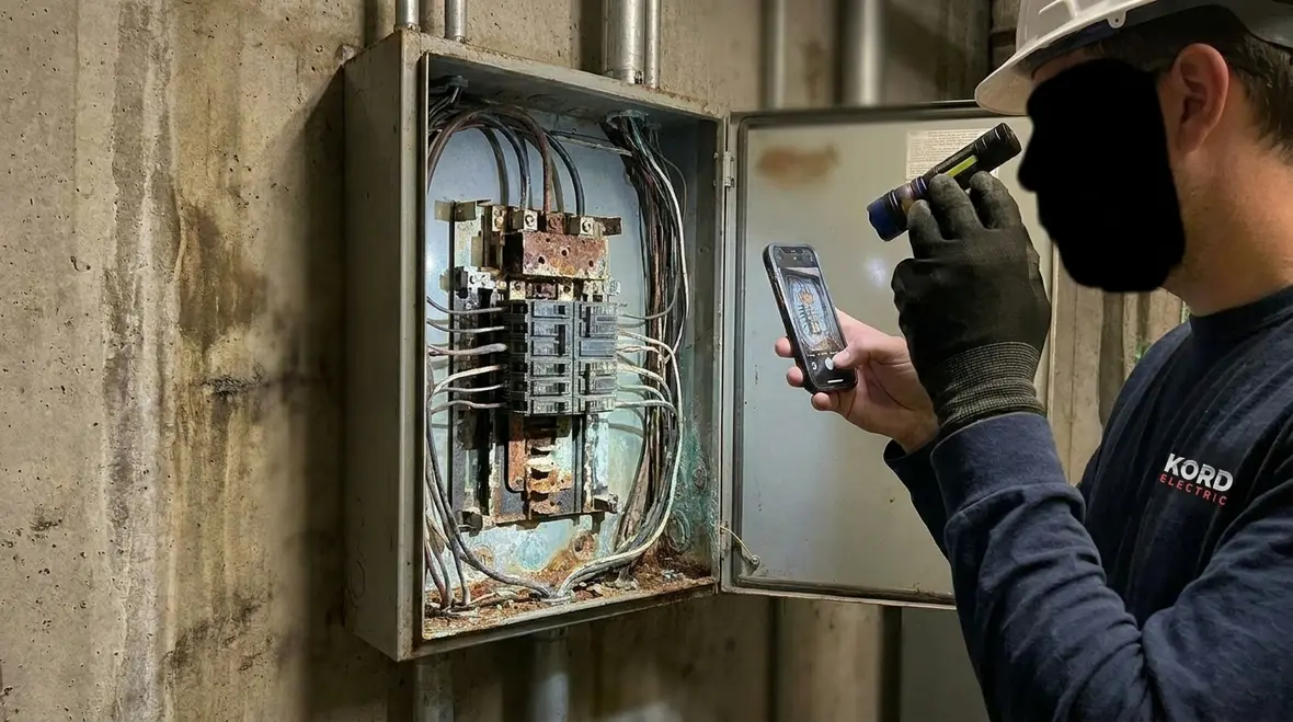 Technician evaluating a commercial electrical panel before an upgrade