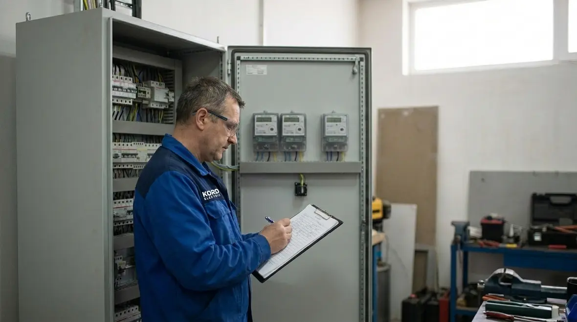 Technicians reviewing industrial electrical system harmonics on-site