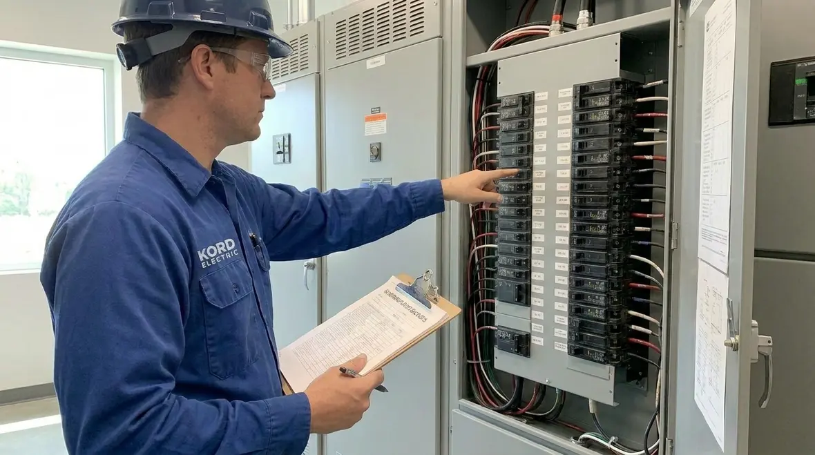 Commercial electrical infrastructure technicians reviewing a facility life cycle plan