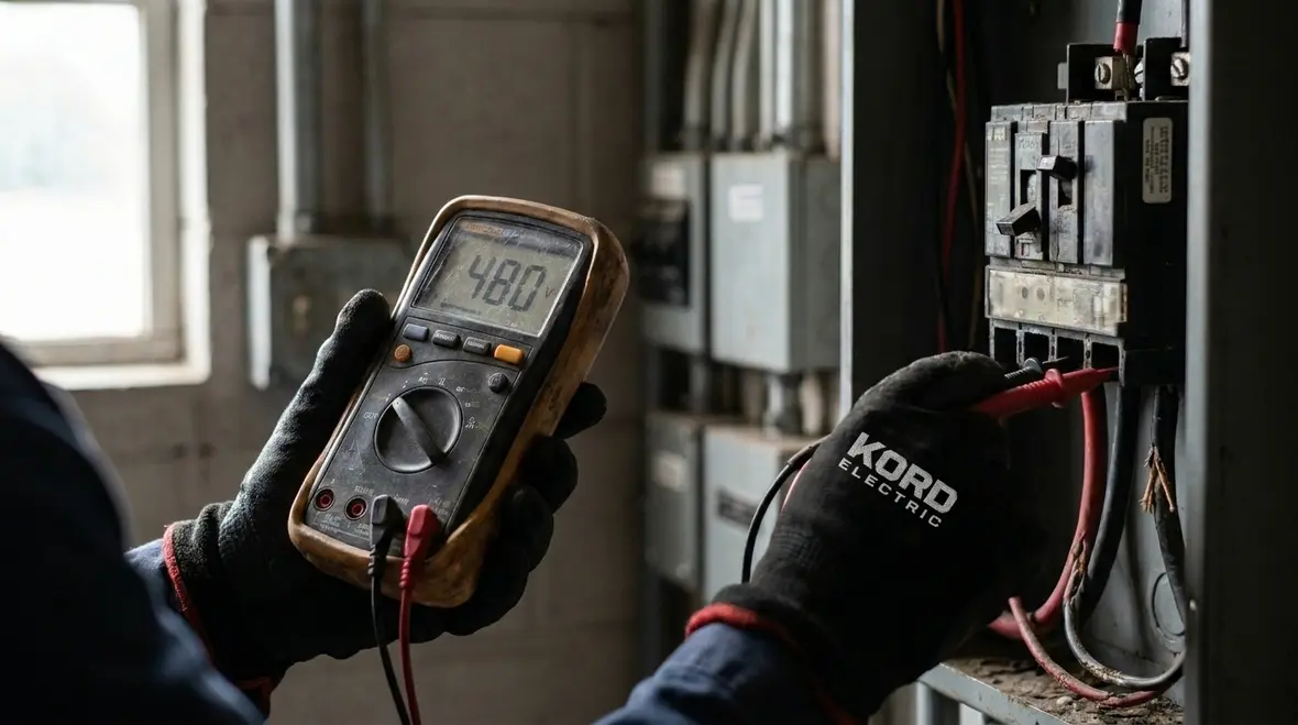 Commercial electrician performing Commercial Electrical Repair Troubleshooting in an equipment room