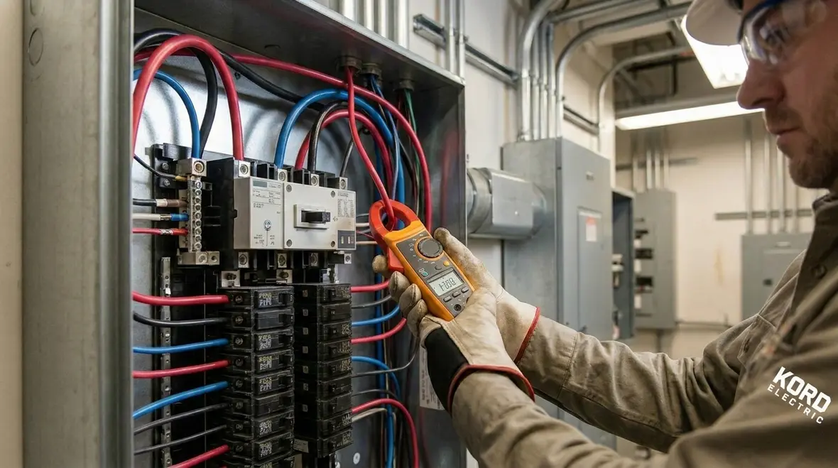 Technician reviewing a commercial panel load calculation for a tenant upgrade