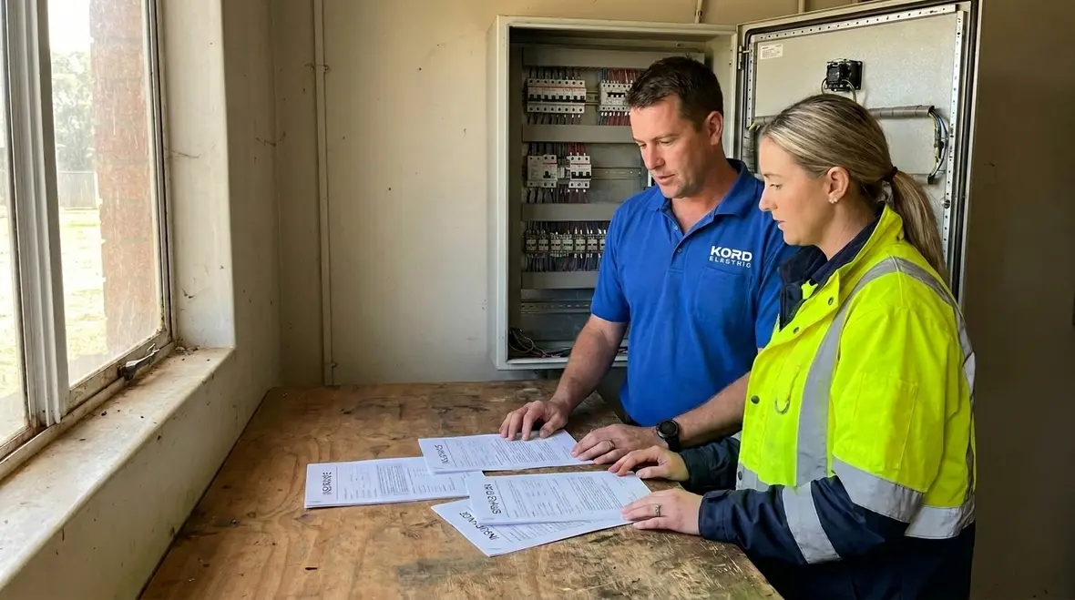 Technician performing industrial electrical risk assessment on commercial power system