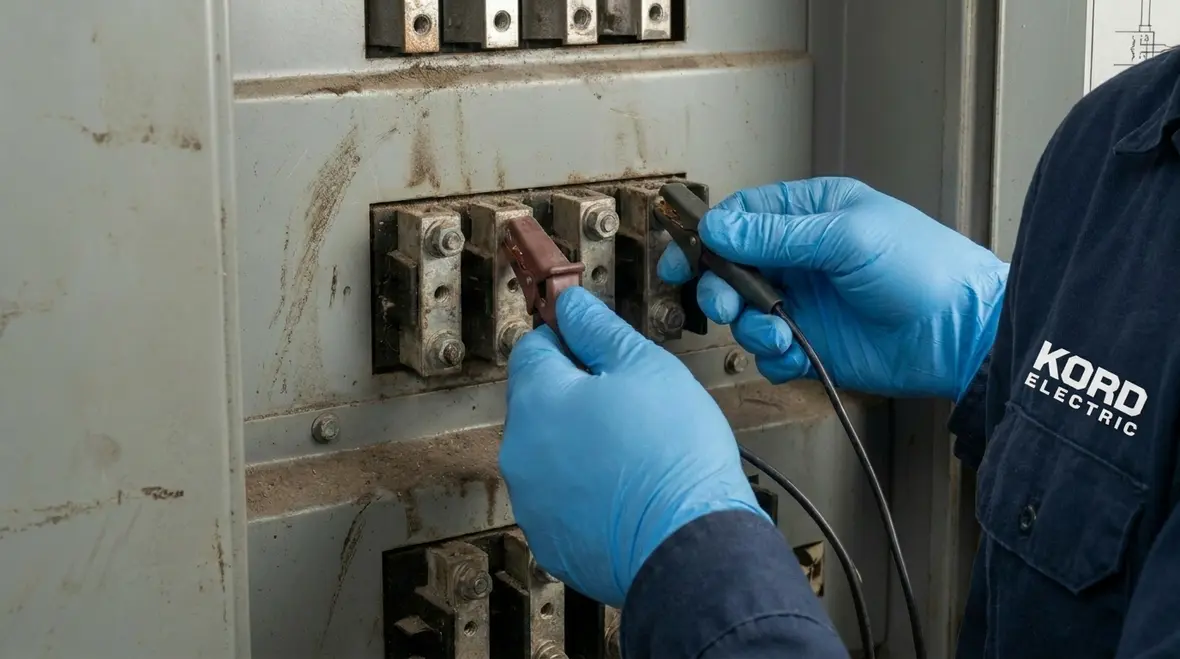 Technician performing commercial power quality audit on sensitive electronics