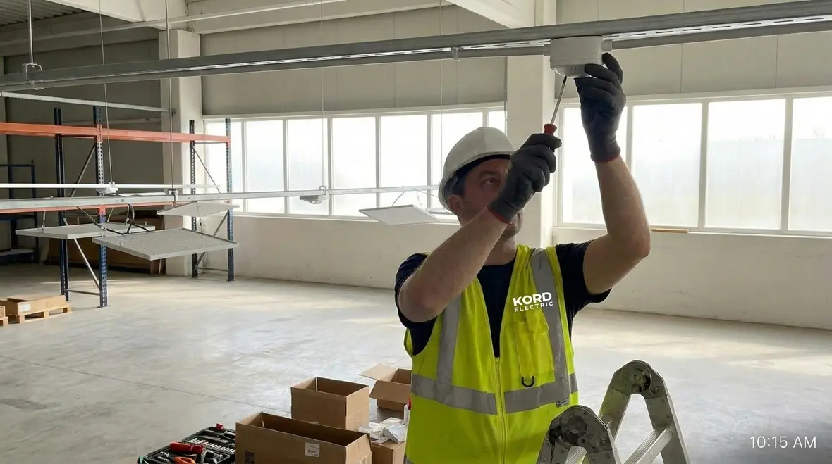 Energy analyst reviewing smart lighting ROI dashboard for a commercial building