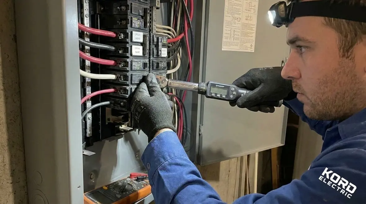 Electrician reviewing a commercial subpanel for load management