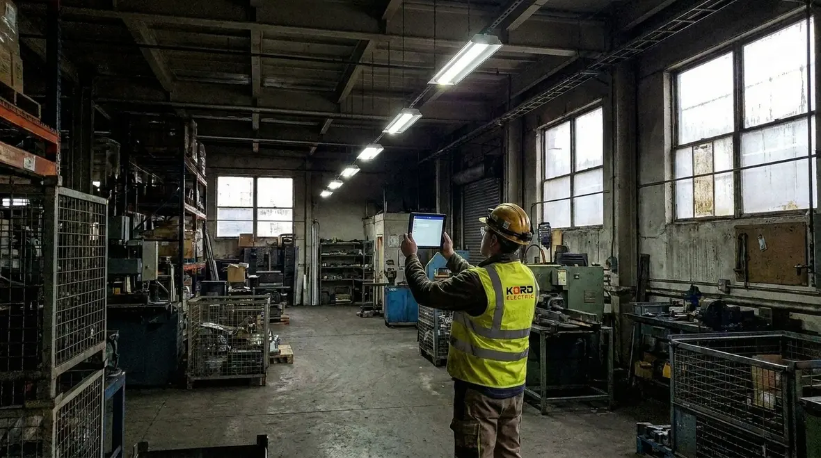 Technician performing industrial lighting inspection in a commercial facility