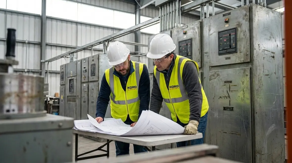 Technicians reviewing a commercial electrical emergency response plan in an electrical room