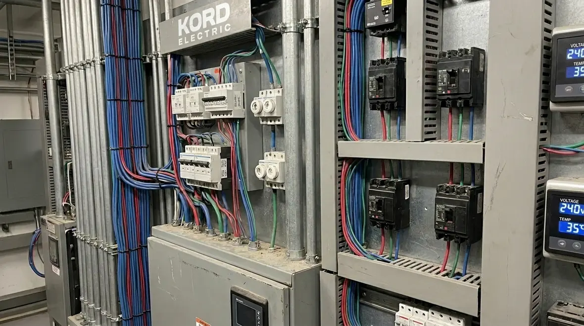 Technician assessing commercial electrical hazards for long term reliability