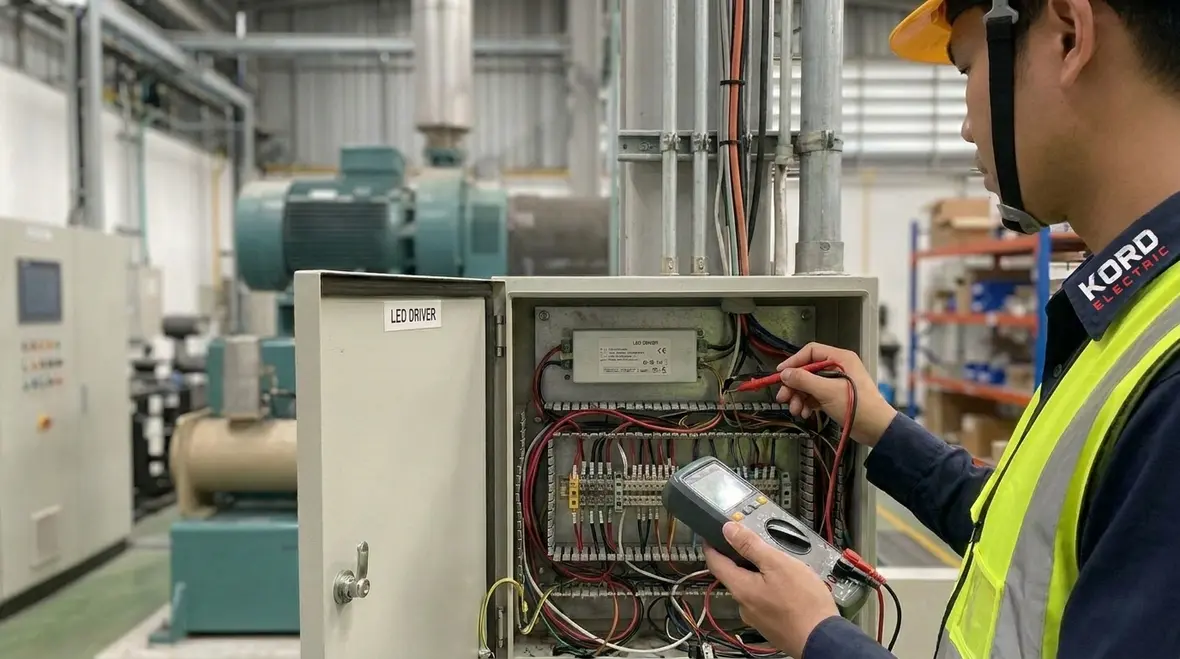 Electrician checking industrial lighting panel and wiring