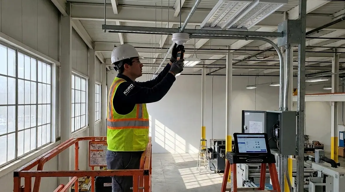 Technician configuring industrial lighting controls for energy savings