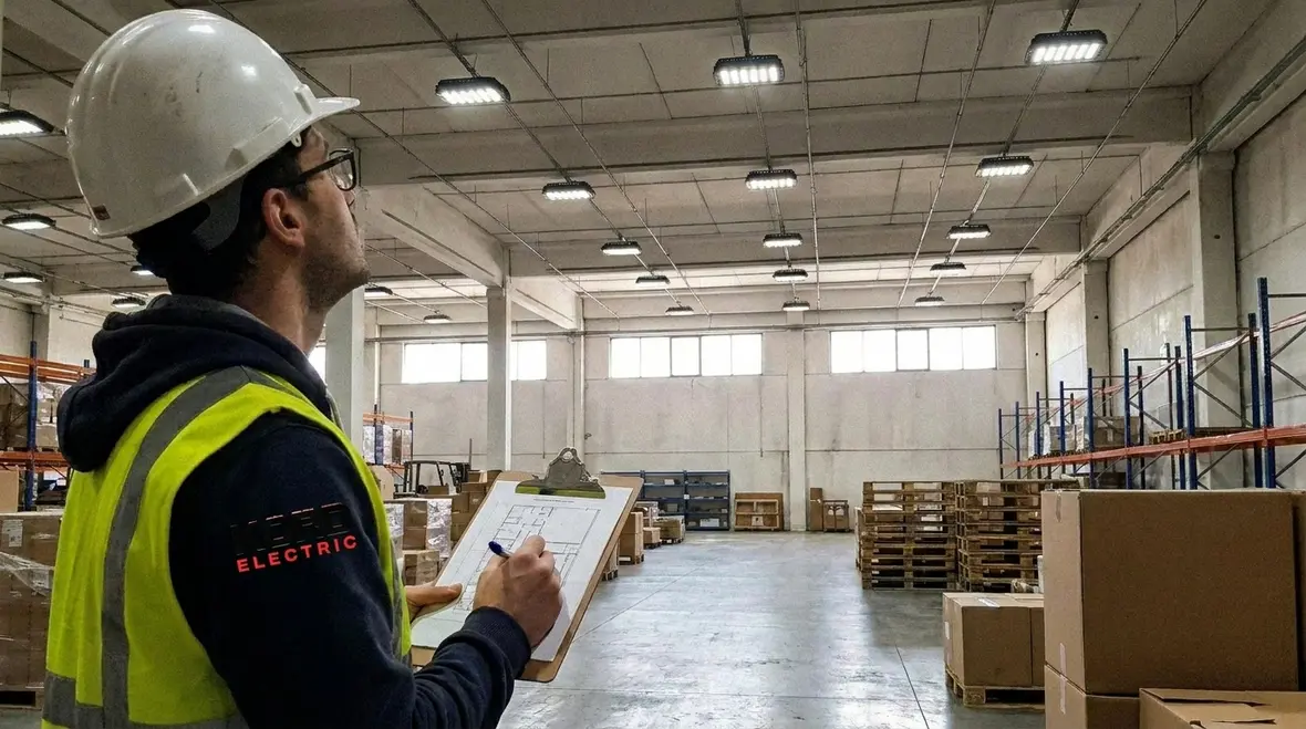 Efficient industrial lighting layout across a warehouse floor