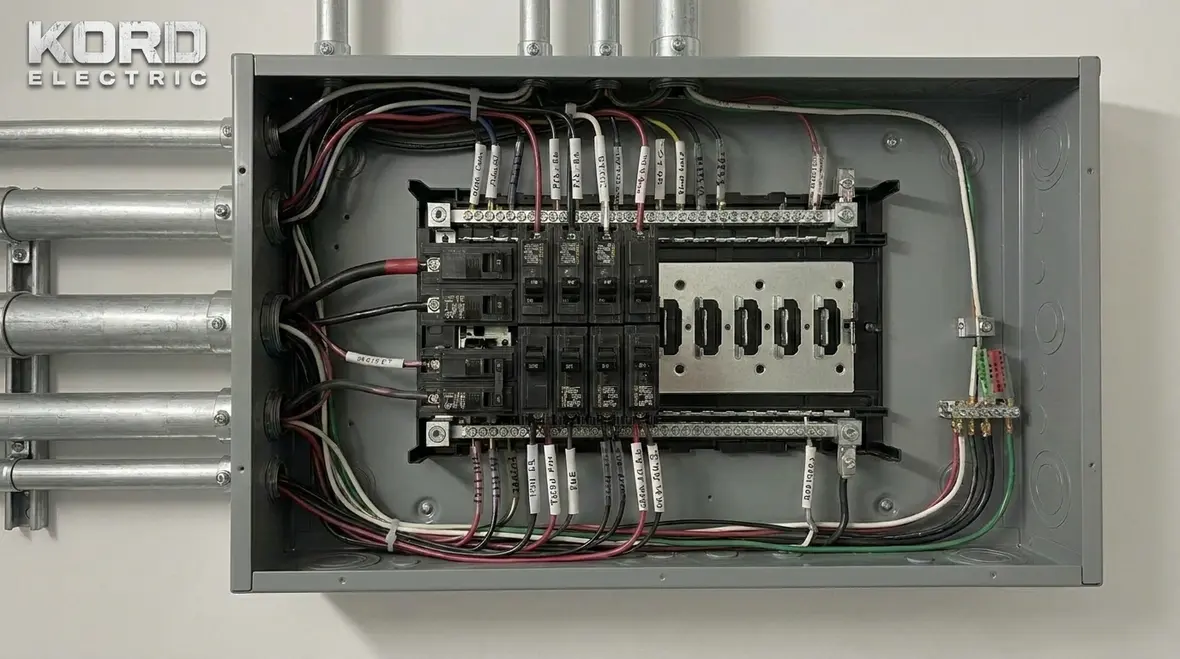 Electricians checking commercial subpanel code compliance