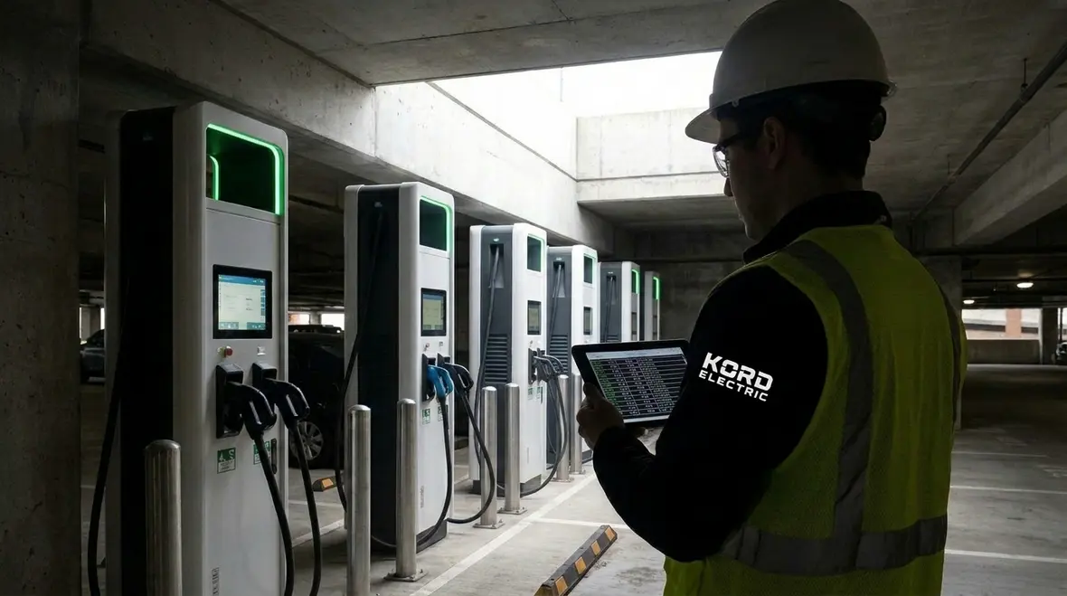 Technician reviewing commercial EV charging load math on a panel