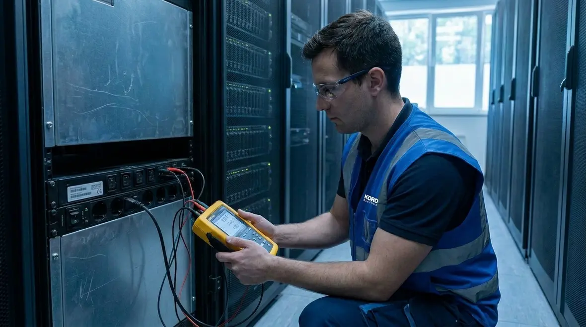 Technician reviewing data center power quality readings on electrical equipment