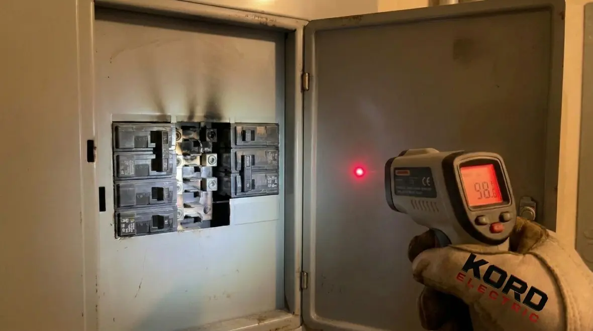 Close-up of a commercial electrical panel showing breakers and load labeling