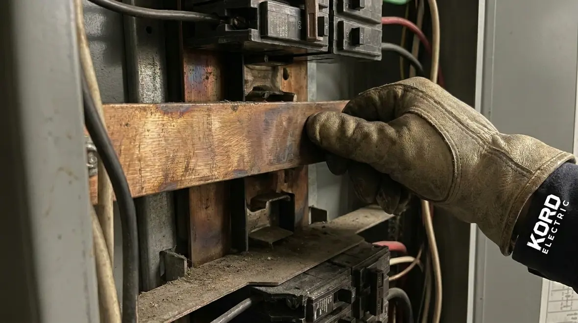Commercial electrician inspecting an overheating electrical panel