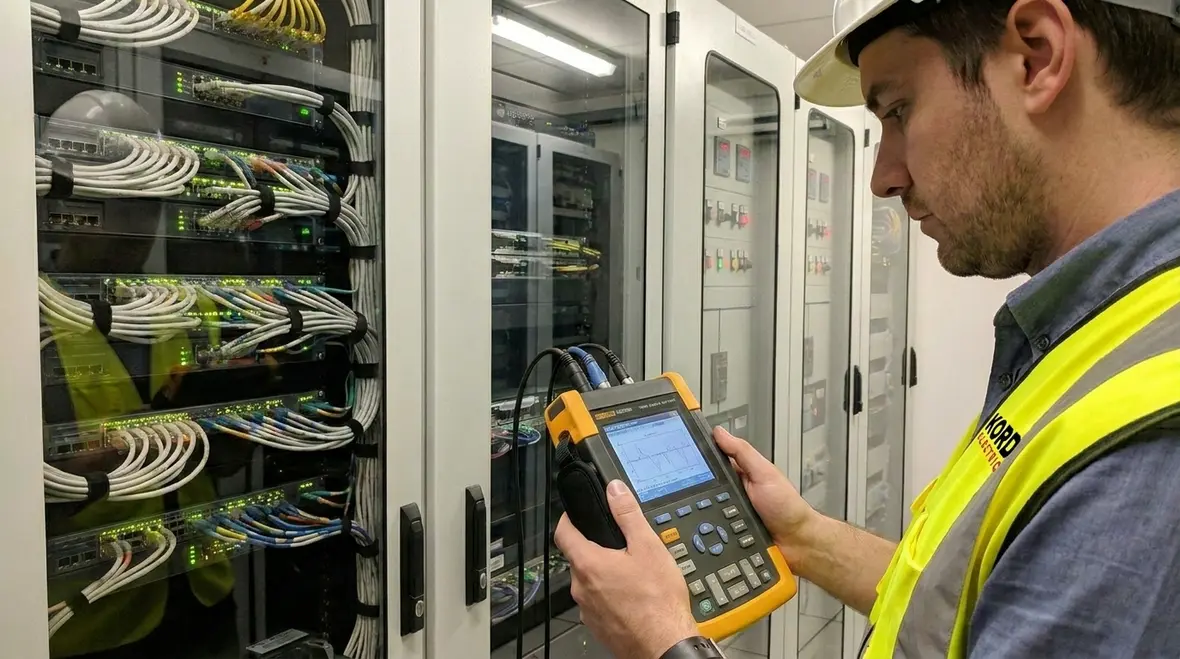 Technician reviewing commercial building electrical loads
