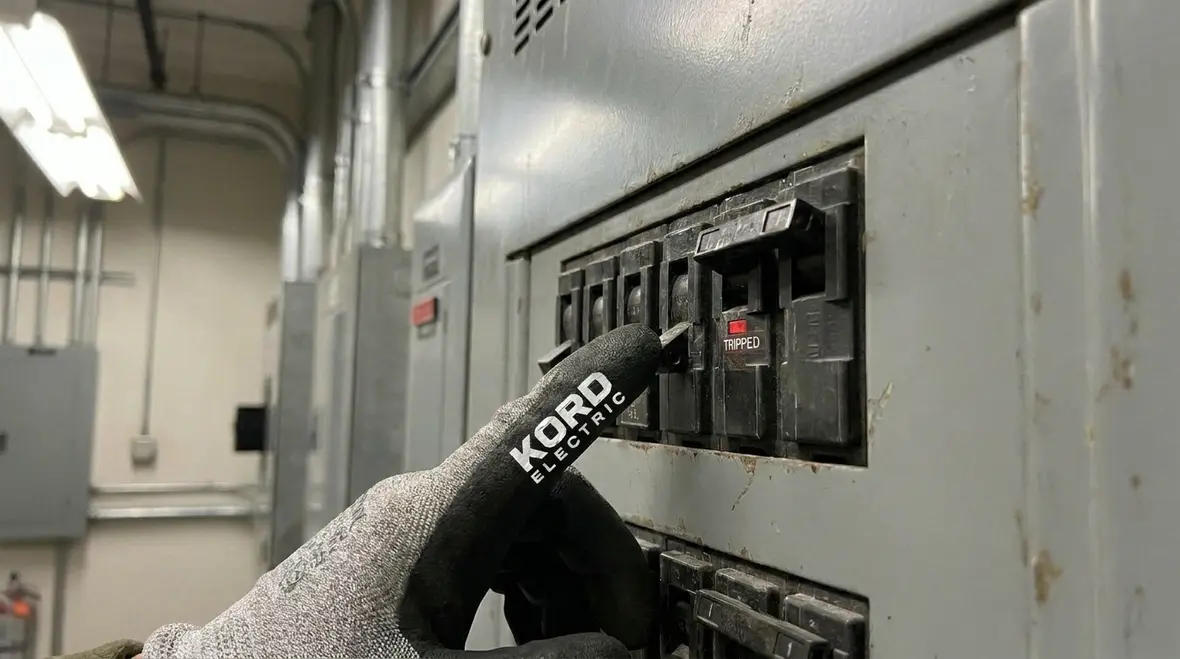 Commercial electrical infrastructure being inspected in a mechanical room
