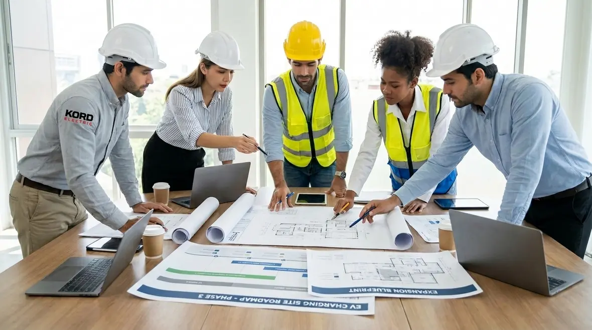 Technicians planning staged EV infrastructure expansion for a commercial site