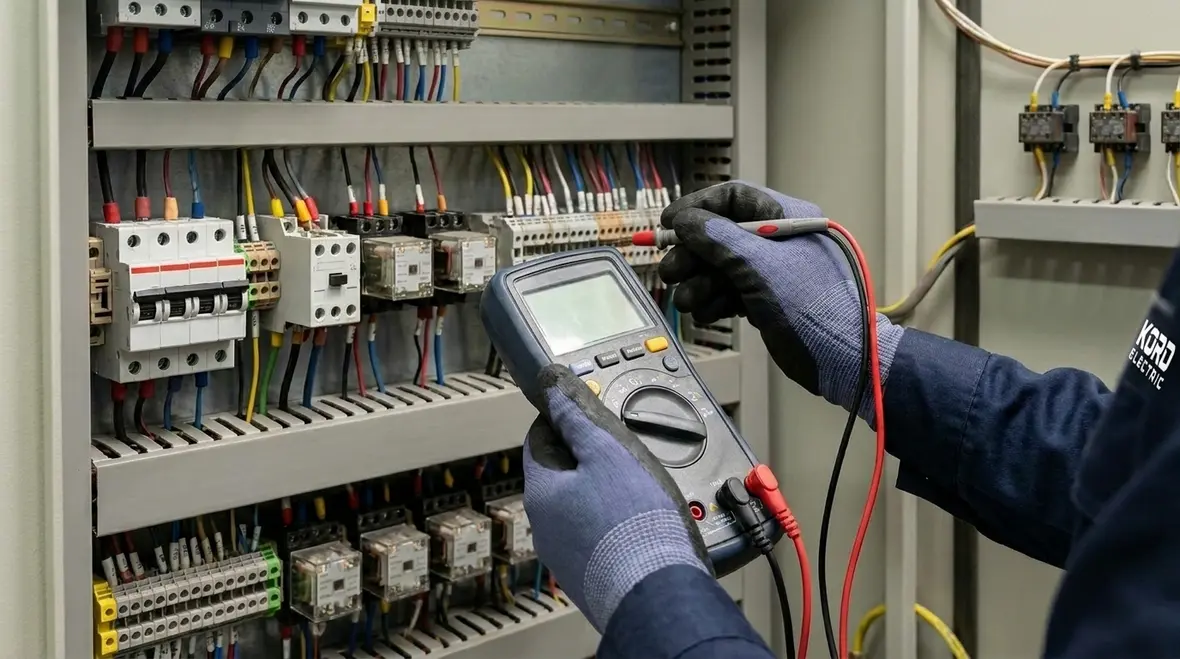 Technicians reviewing commercial electrical infrastructure disaster recovery risk map