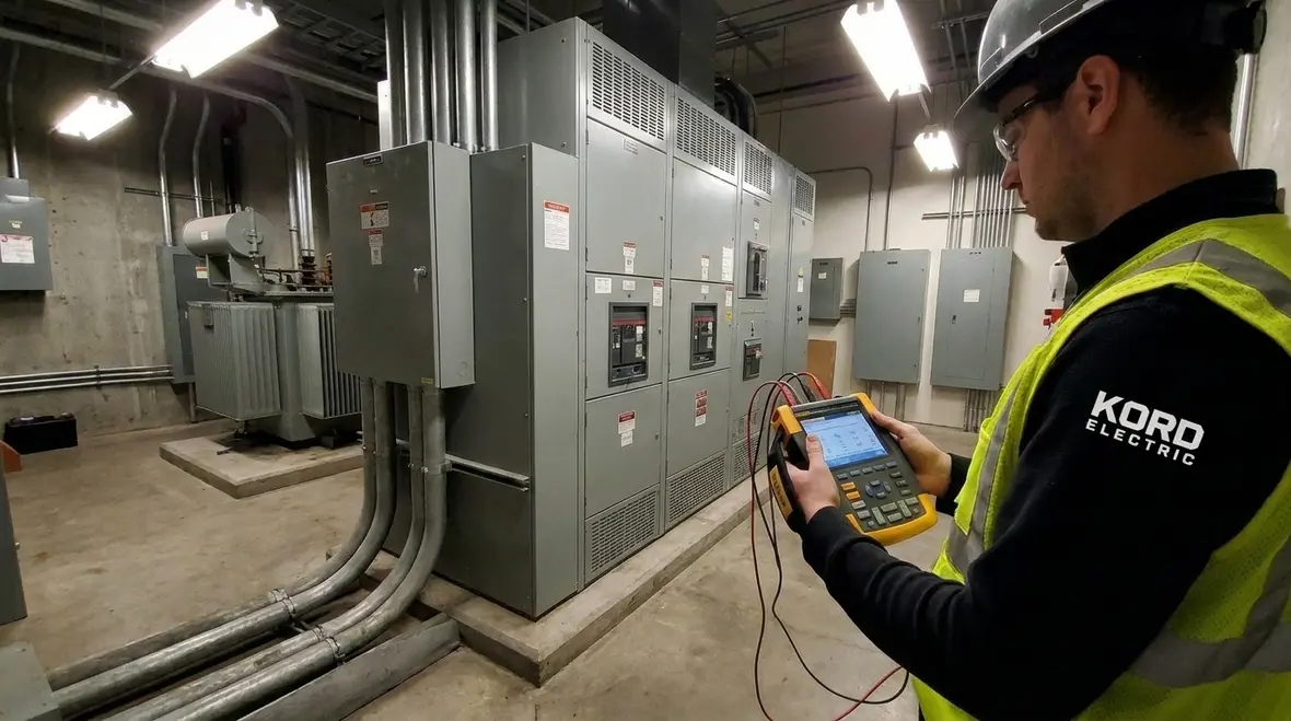 Commercial electricians restoring power after an outage