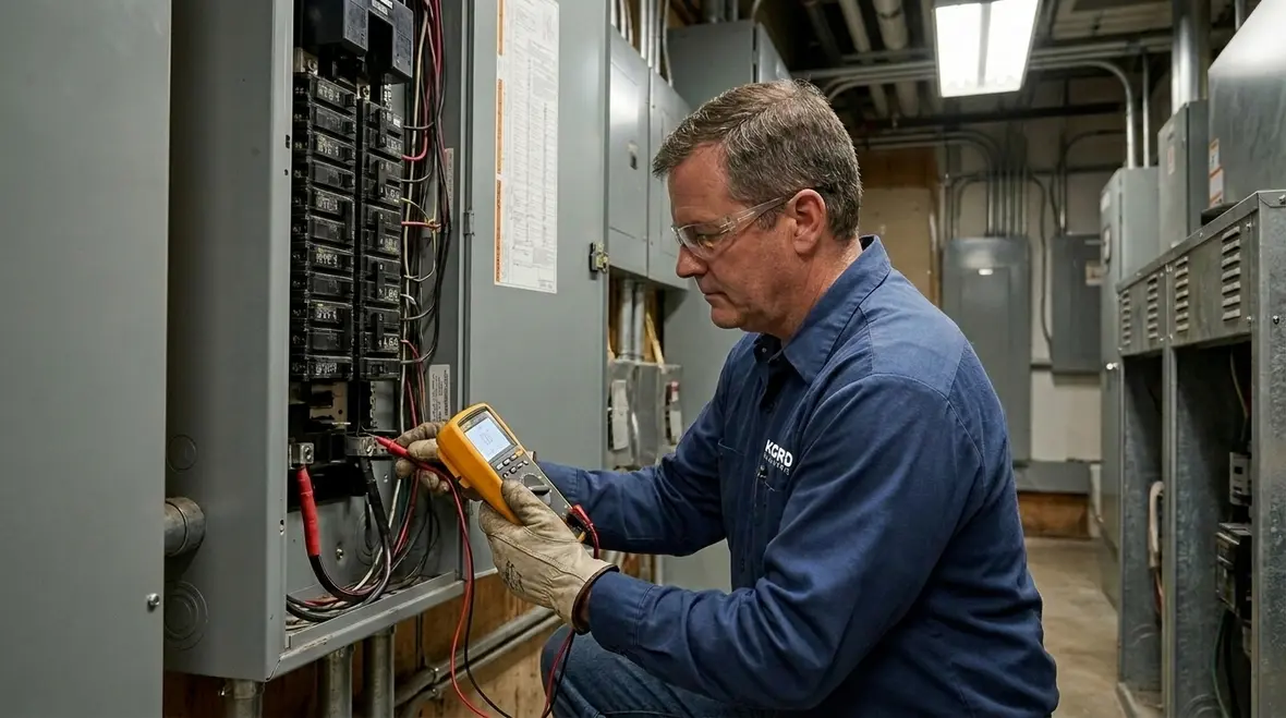 Technician performing commercial electrical troubleshooting in a service panel
