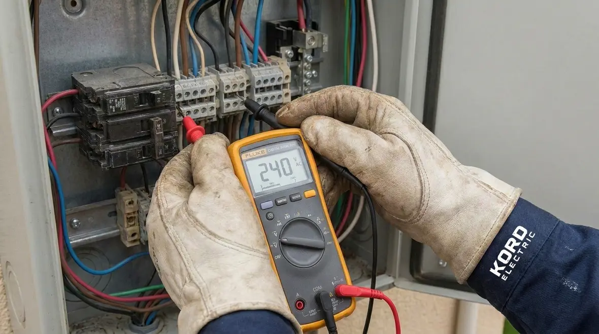 Electricians checking voltage, phase balance, and breaker conditions during facility troubleshooting