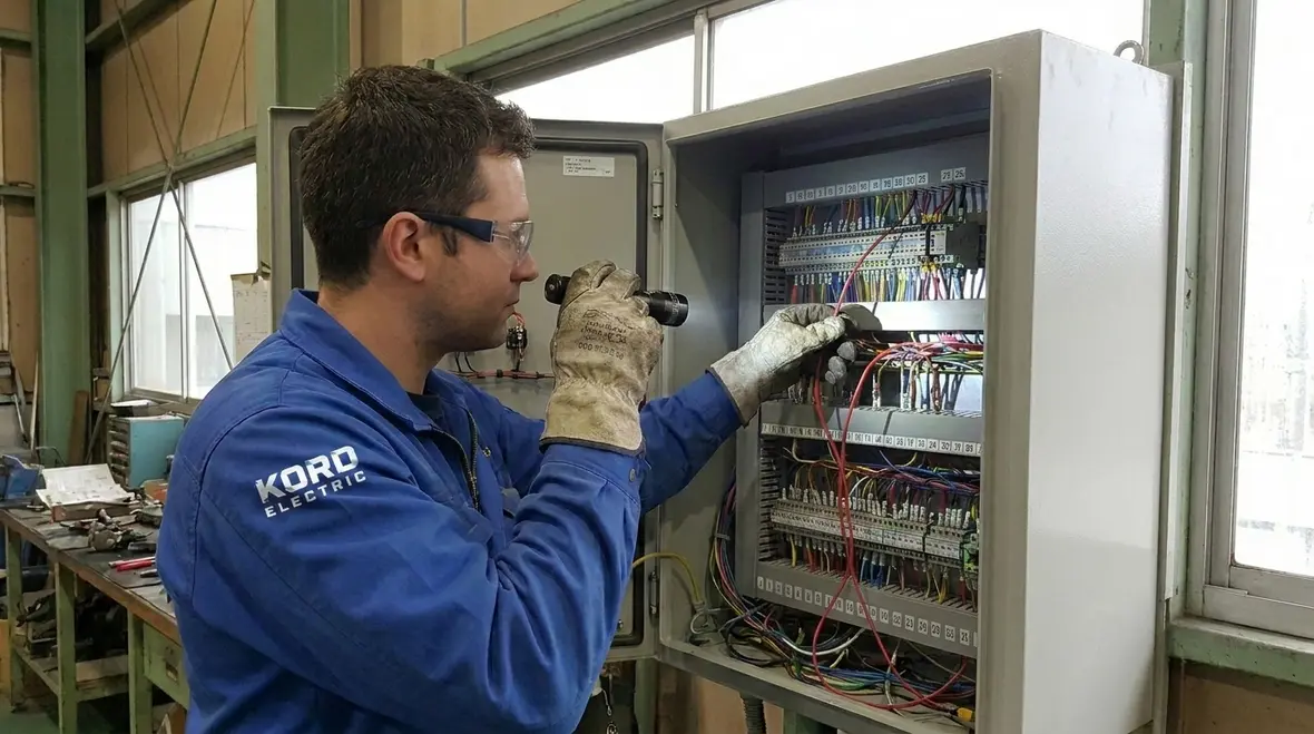 Industrial control panel troubleshooting with technicians tracing control circuits