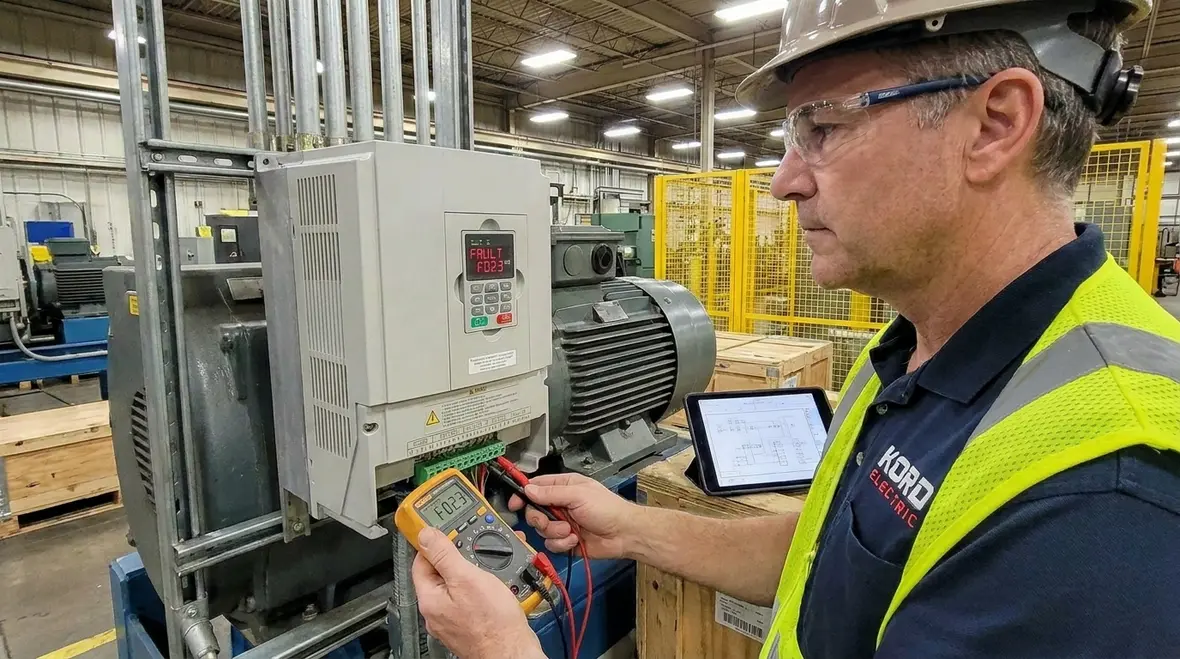 Technician checking motors and variable frequency drives to prevent repeat failures