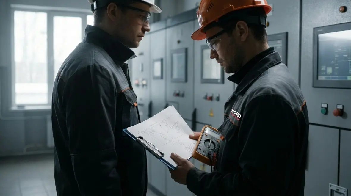 Technician performing electrical troubleshooting for facilities in a commercial electrical room