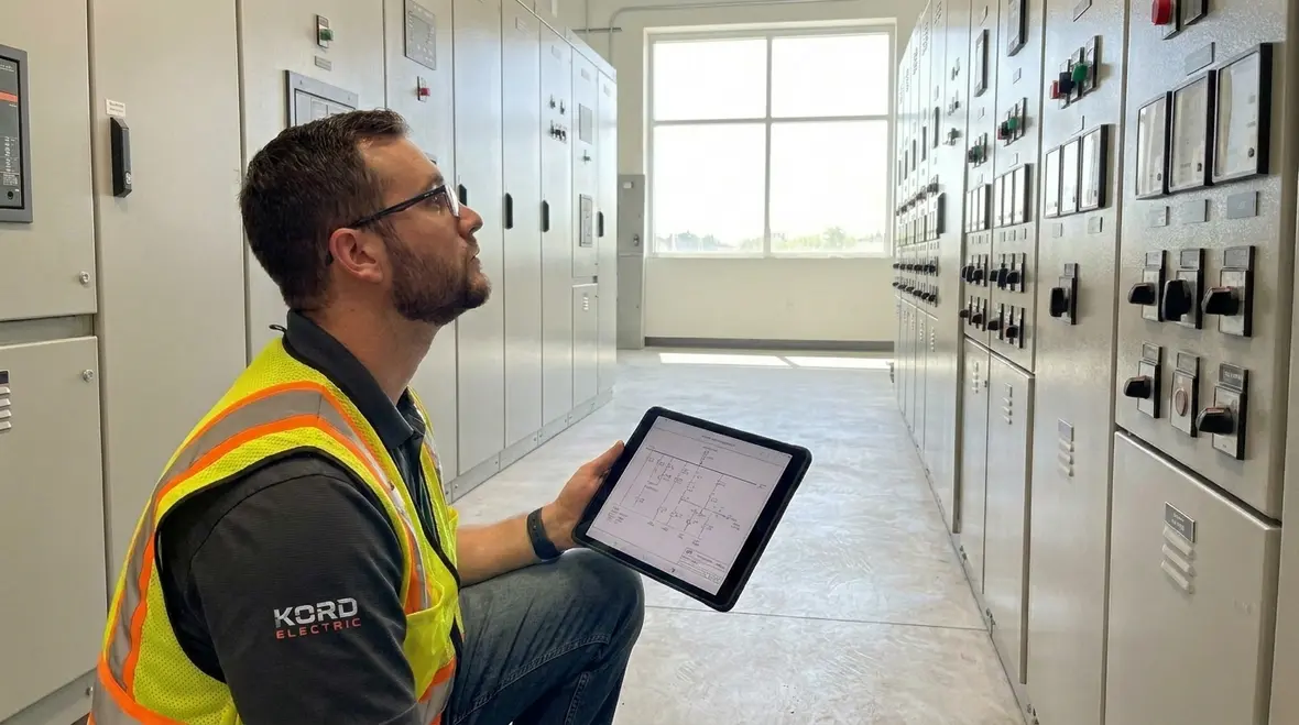 Technician performing electrical infrastructure capacity analysis before tenant upgrade