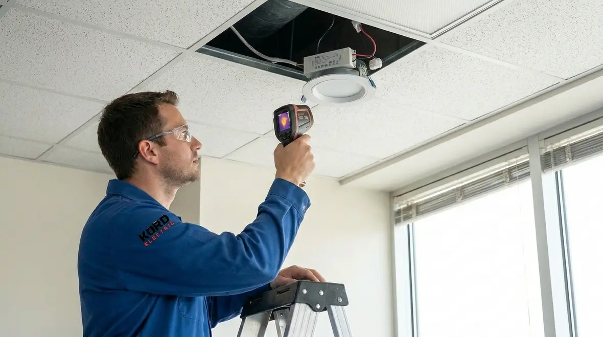 Engineer recording lighting levels and fixture data before LED retrofit