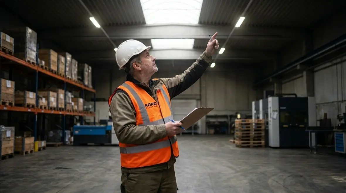 Electrician reviewing commercial LED retrofit lighting layout on site