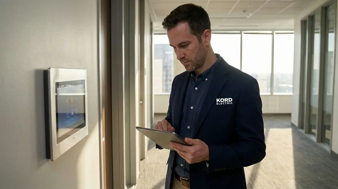 Technician reviewing facility lighting baseline and energy use