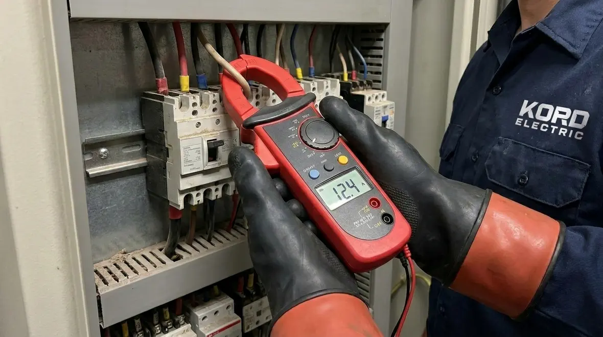 Technician performing proactive electrical checks in a commercial electrical room