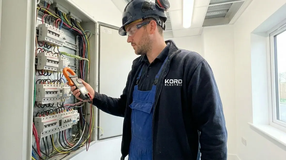 Commercial electrician checking electrical panel load balancing benefits in a mechanical room