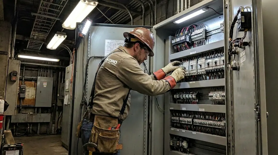 Commercial electrician rebalancing branch circuits inside a large building electrical panel