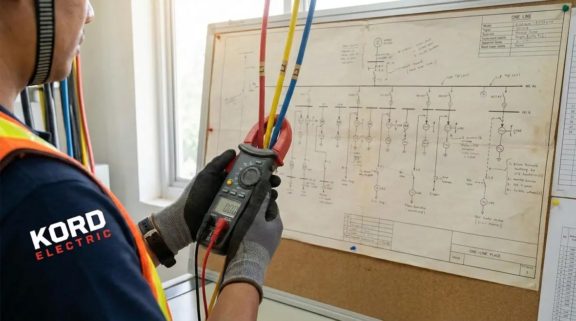 Technician reviewing electrical power load balancing strategies in a commercial facility