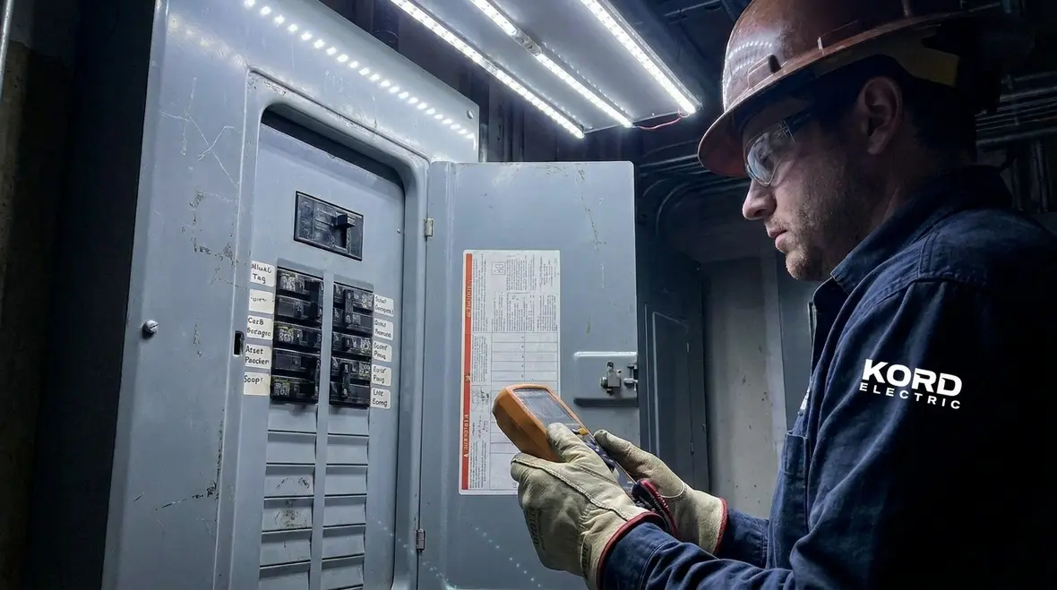 Industrial electrical technician reviewing power quality readings