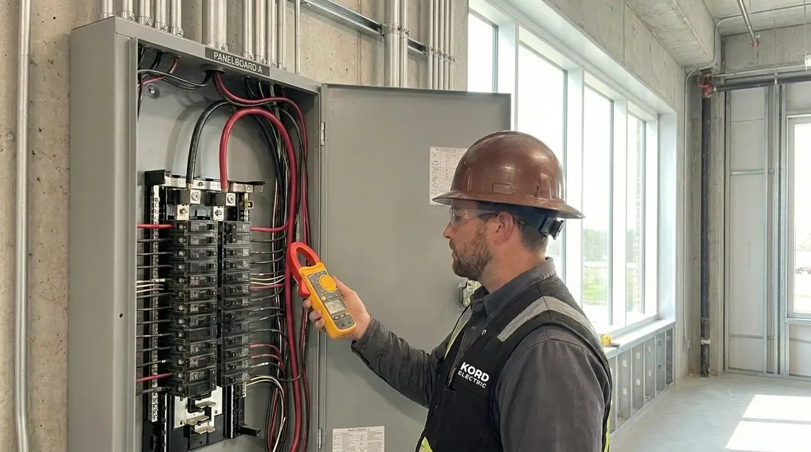 Electrician checking commercial subpanel balance