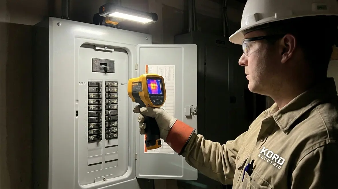 Technician inspecting hot breakers and panel interiors