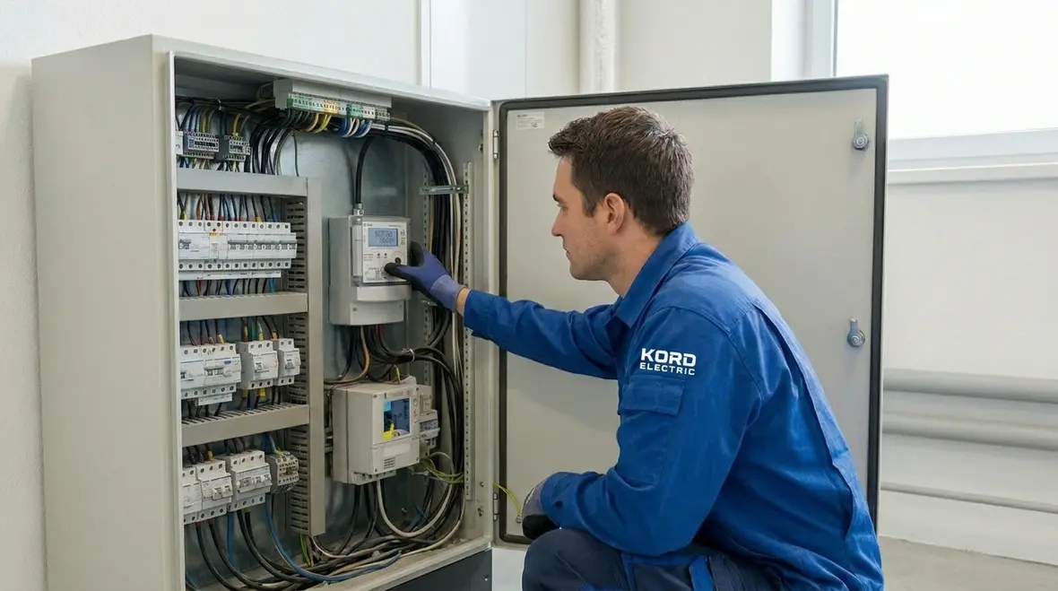 Electrician reviewing commercial load balancing inside an electrical panel