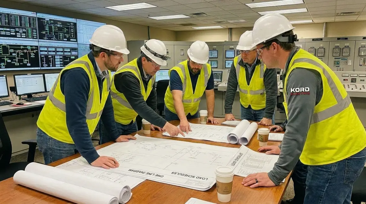 Technicians reviewing an Emergency Electrical Preparedness Plan for a commercial facility