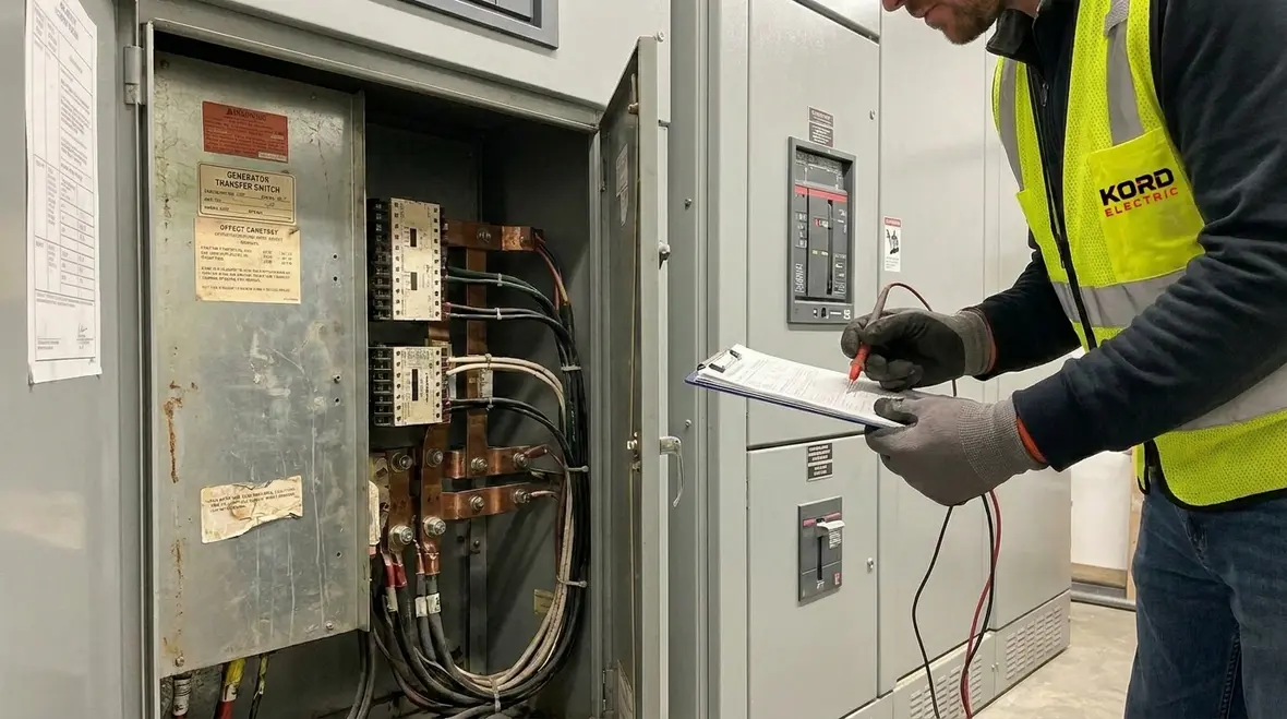 Electrical technician testing generator, ATS, and protection settings for emergency readiness