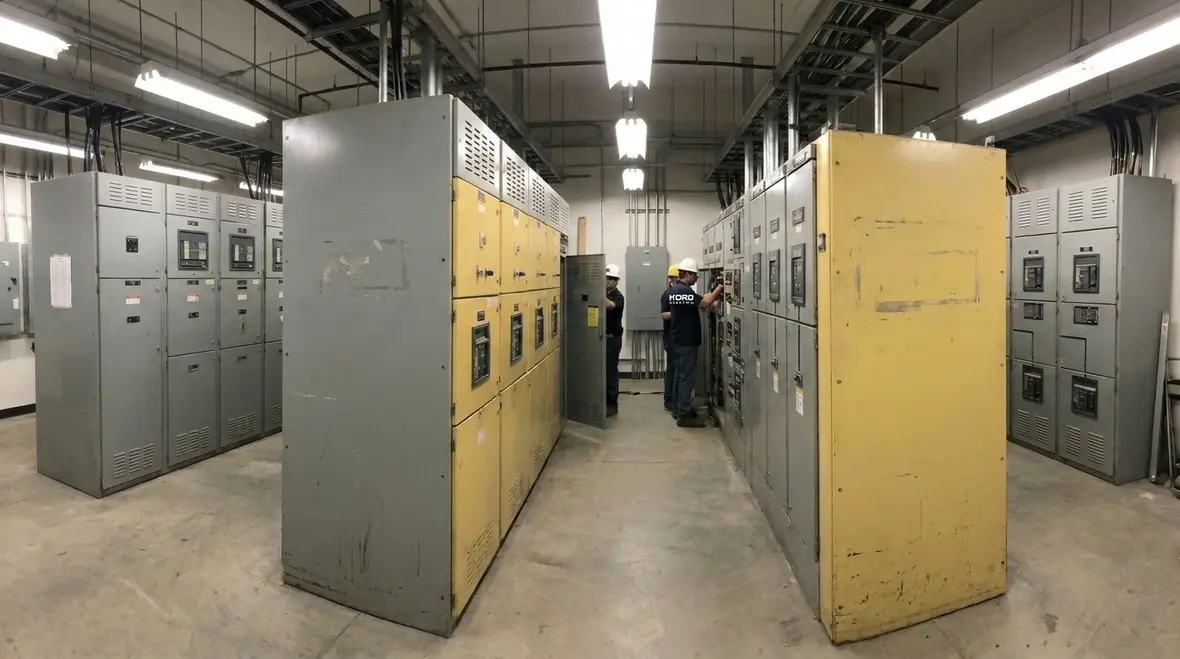 Technicians reviewing an emergency electrical system design for a commercial facility