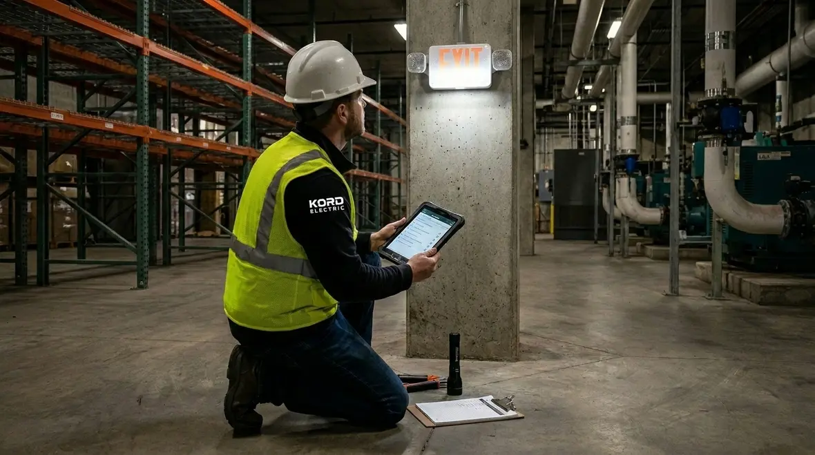 Facility manager reviewing preventive Emergency Lighting Battery Maintenance reports
