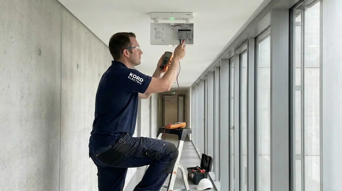 Technician performing Emergency Lighting Battery Maintenance in a commercial building